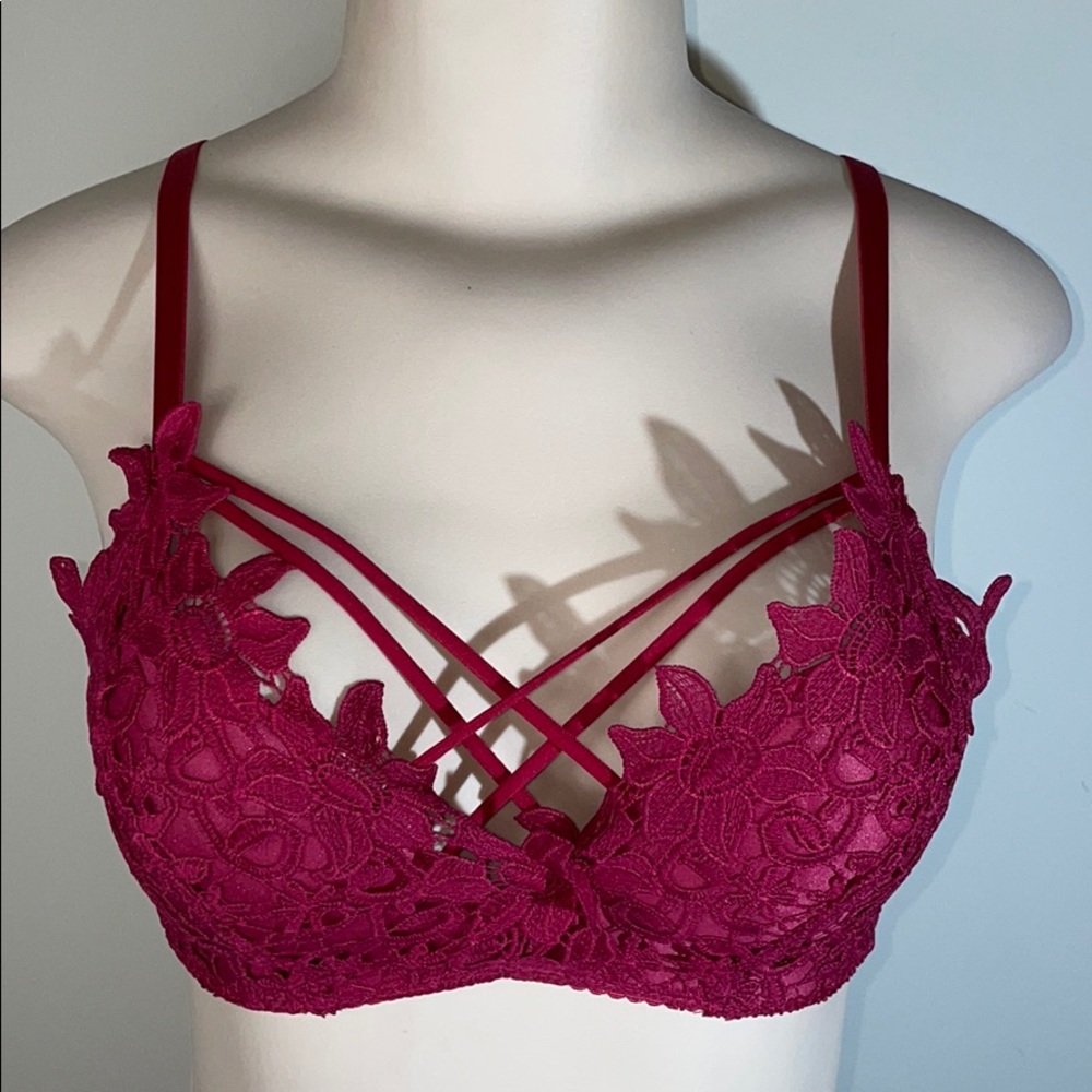 SHEIN Floral Lace Strappy Push Up Bra Burgundy Red Size S
